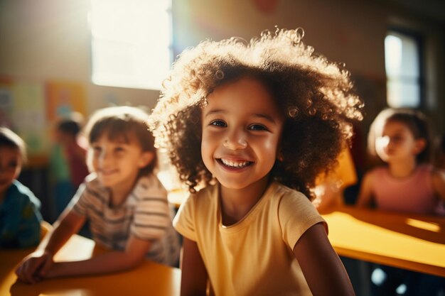 Uśmiechnięci szkolni najlepsi przyjaciele małe dziecko wesołe wewnątrz światła nowoczesne jasne szkoły klasy koncepcja ai