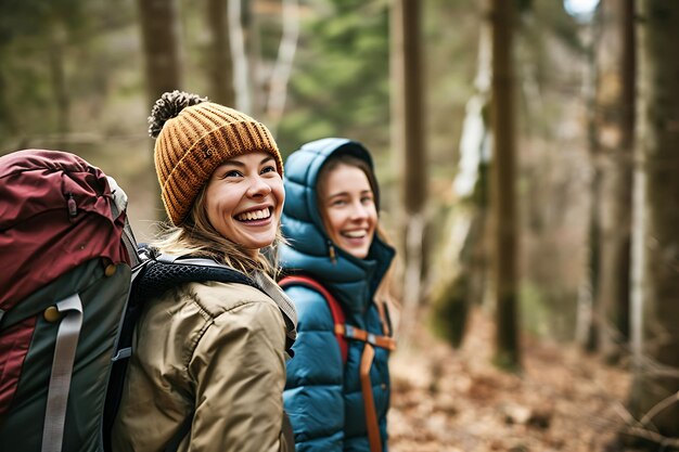 Zdjęcie uśmiechnięci turyści cieszą się ścieżką leśną
