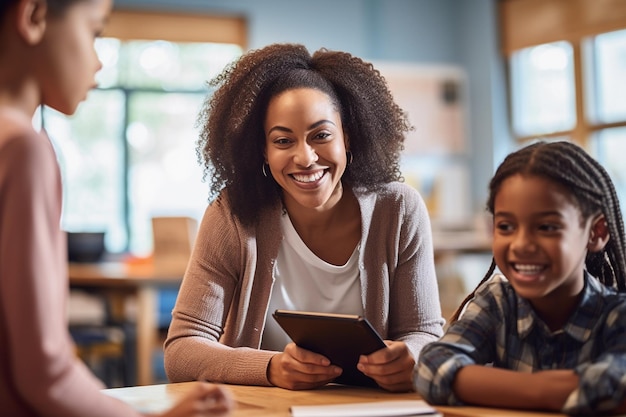 Uśmiechnięci uczniowie i nauczyciele w klasie w szkole Koncepcja e-learningu i edukacji