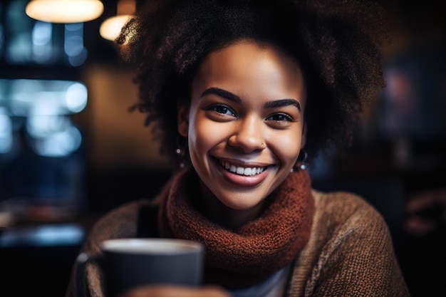 Uśmiechnięta Afroamerykanka ciesząca się filiżanką kawy w generatywnej ai kawiarni