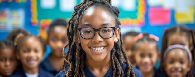 Uśmiechnięta afroamerykańska dziewczyna z kolegami z klasy