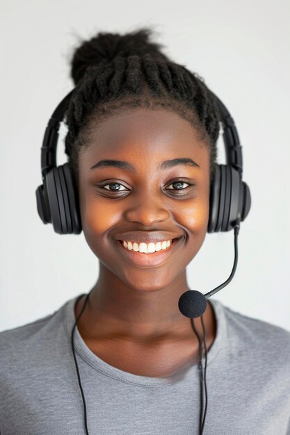 Uśmiechnięta afroamerykańska kobieta o ciemnej skórze nosząca słuchawki i mikrofon