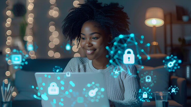 Uśmiechnięta afroamerykańska kobieta pracująca na laptopie z ikonami cyberbezpieczeństwa Tech Aesthetic Image