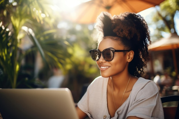 Uśmiechnięta afroamerykańska kobieta pracująca nad laptopem na świeżym powietrzu w kawiarni