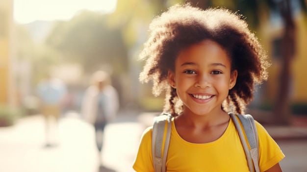 Uśmiechnięta afroamerykańska uczennica z plecakiem idąca do szkoły