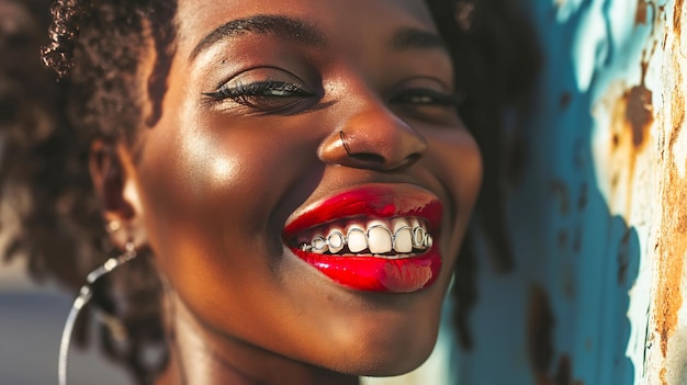 Uśmiechnięta Afrykańska kobieta z jaskrawoczerwoną szminką i grillem dentystycznym na słonecznej ścianie