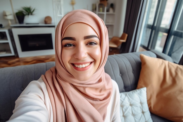 Uśmiechnięta arabska dziewczyna robiąca zdjęcie selfie ze smartfonem leżącym na kanapie
