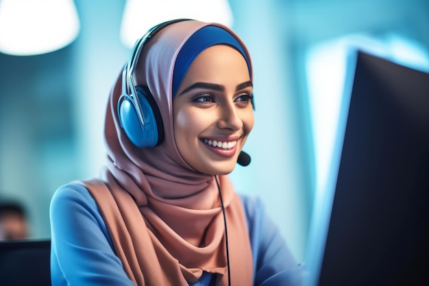 Zdjęcie uśmiechnięta arabska przedstawicielka obsługi klienta jest pochłonięta jej