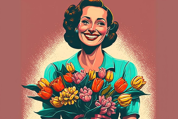 Uśmiechnięta atrakcyjna kobieta trzymająca bukiet kwiatów i patrząca w kamerę Prezent na urodziny Dzień Matki lub inną uroczystość Generacyjna sztuczna inteligencja