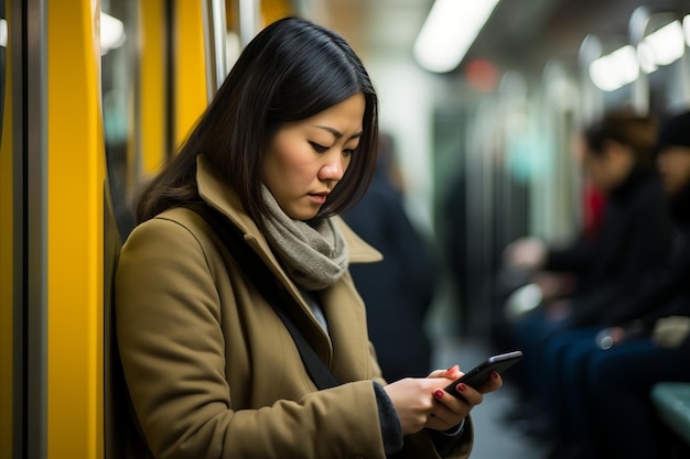 Uśmiechnięta Azjatka na stacji metra korzystająca ze smartfona Lifestyle Transportation