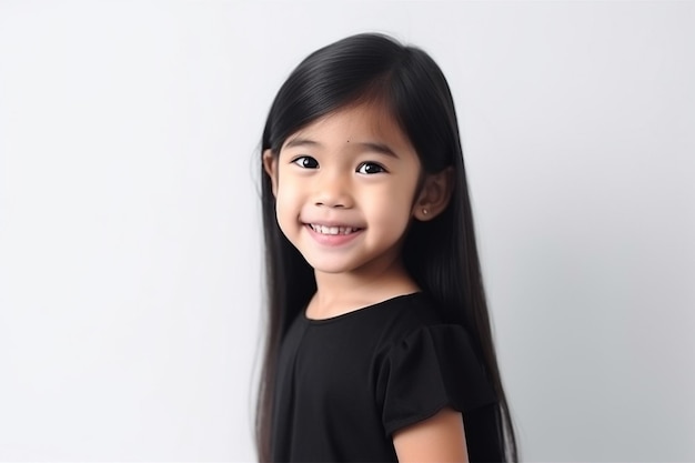 Uśmiechnięta Azjatka nosi czarne ubrania na białym tle