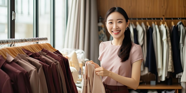 Uśmiechnięta Azjatka Wybierz i przymierz ubranie w sklepie krawieckim Projektant mody stojący w ubraniu W celu naprawy usług dla klientów Koncepcja Zawód Projektant krawiecki