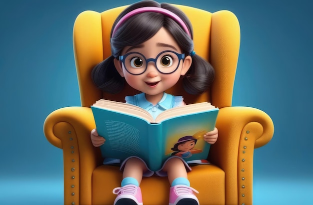 Uśmiechnięta azjatycka dziewczyna czyta interesującą książkę w fotelu ilustracja kreskówki dzieci edukacja