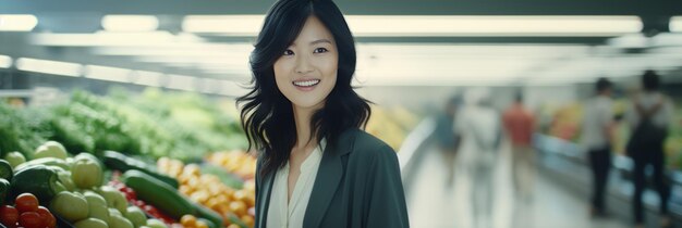 Uśmiechnięta azjatycka pracownica sklepu w różnorodnym supermarkecie efektywnie zarządzająca działalnością sklepu