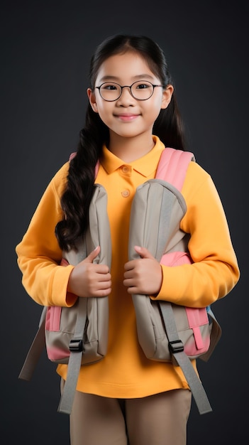 Uśmiechnięta azjatycka uczennica w okularach z plecakiem odizolowanym na czarno