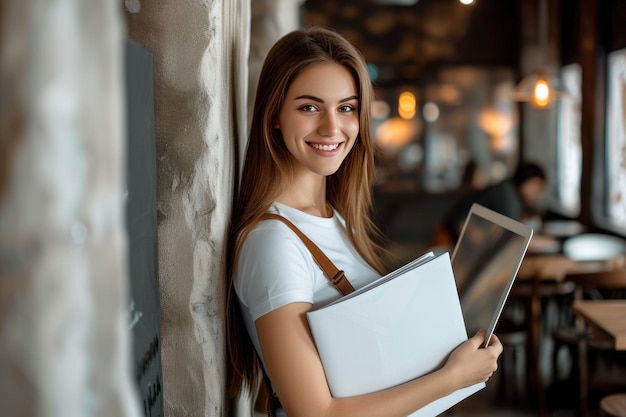 Uśmiechnięta bizneswoman trzymająca tablet w biurze