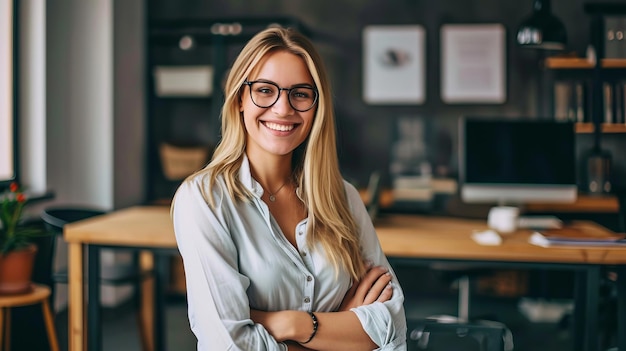 Uśmiechnięta bizneswoman w okularach stoi w nowoczesnym miejscu pracy emanującym profesjonalizmem i życzliwością to AI Generative