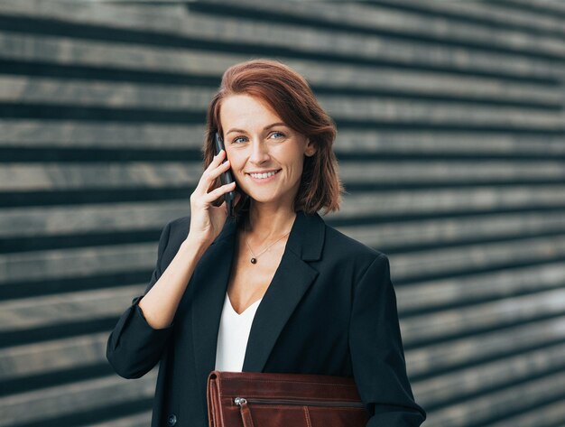 Uśmiechnięta bizneswoman w średnim wieku dzwoni do telefonu i patrzy na kamerę