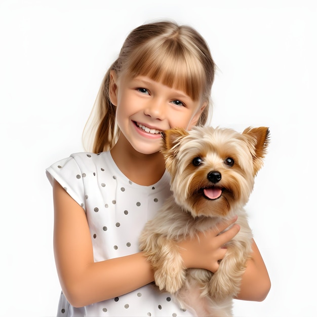 Uśmiechnięta blond młoda dziewczyna z psem yorkshire terrier na białym tle