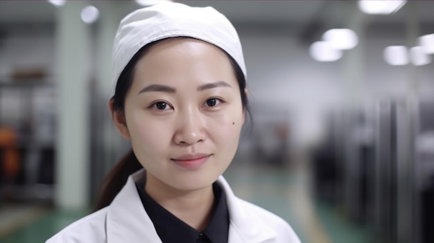 Uśmiechnięta chińska pracownica fabryki elektroniki stojąca w fabryce