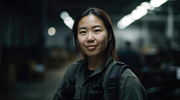 Uśmiechnięta chińska pracownica fabryki stojąca w magazynie