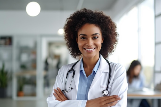Uśmiechnięta czarna kobieta lekarz ze stetoskopem z krzyżowaną ręką