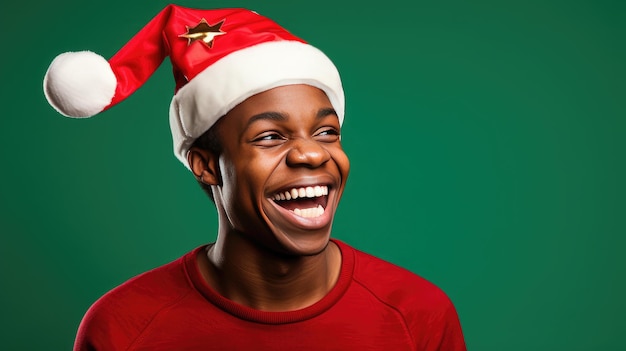 uśmiechnięta czarna nastolatka w kapeluszu Świętego Mikołaja na zielonym tle stworzona przy użyciu technologii Generative Al