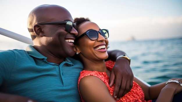 Uśmiechnięta czarna para w średnim wieku cieszy się wypoczynkową przejażdżką łodzią żaglową w lecie