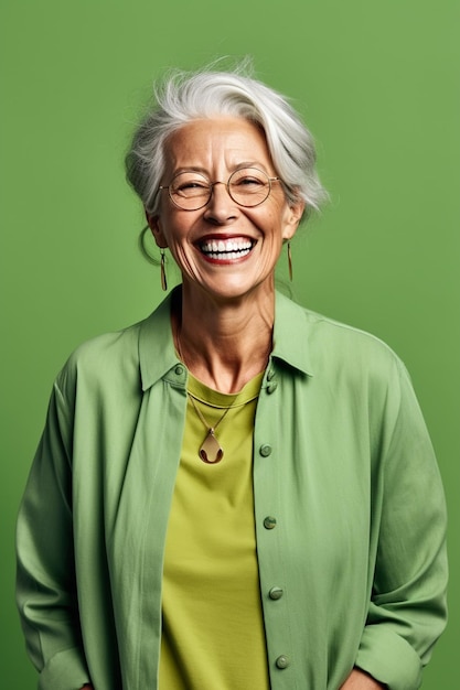Uśmiechnięta Dojrzała Dama Pozuje Wdzięcznie Na Bujnym Zielonym Tle W Bestage Product Ad Ai Generat