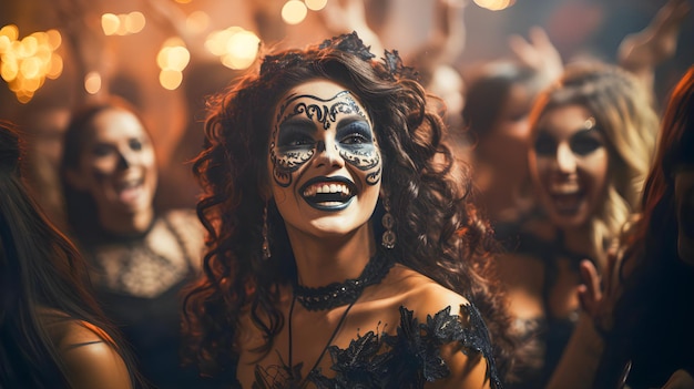 Uśmiechnięta dziewczyna i grupa nastolatków tańczących na imprezie z kostiumami na Halloween Uzupełnij Halloween nastoletnia impreza ludzi tańczących w tle