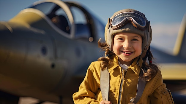 Uśmiechnięta dziewczyna w garniturze pilota z samolotem za nią.