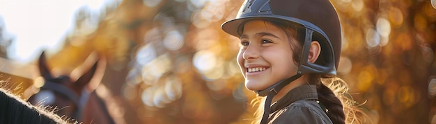 Uśmiechnięta dziewczyna w hełmie gotowa do jazdy konnej Działalność na świeżym powietrzu i temat jeździecki