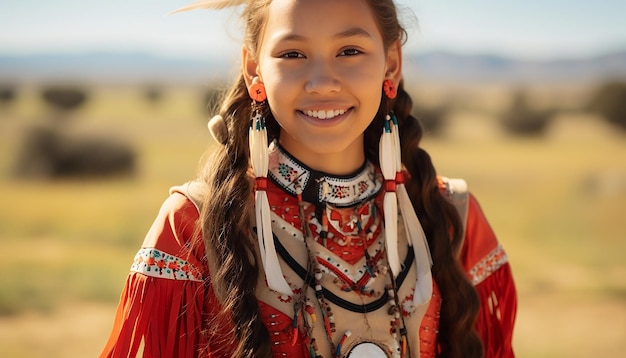 Zdjęcie uśmiechnięta dziewczyna w tradycyjnych ubraniach cieszy się pięknem przyrody na świeżym powietrzu generowanym przez sztuczną inteligencję