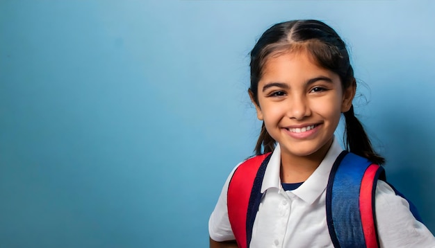 Uśmiechnięta dziewczyna z plecakiem idąca do klasy na niebieskim tle kopiować przestrzeń