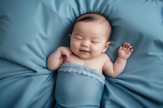 Uśmiechnięta dziewczynka leżąca na łóżku śpiąca na niebieskich prześcieradłach
