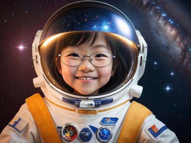 Zdjęcie uśmiechnięta dziewczynka w okularach i kostiumie astronauty.