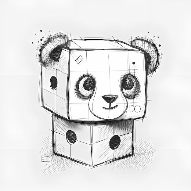 Uśmiechnięta głowa robota Panda Logo Sketch Słodki i futurystyczny projekt kostki