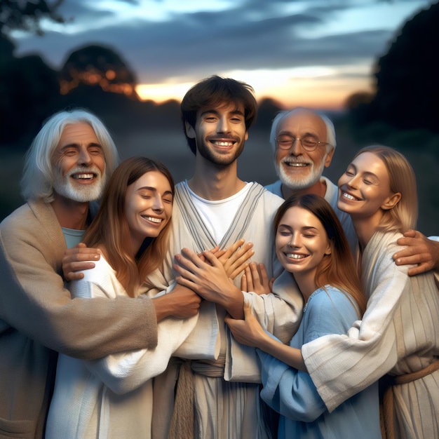 Zdjęcie uśmiechnięta grupa przyjmująca duchowość na świeżym powietrzu w zmierzchu w dzień holokaustu generative ai