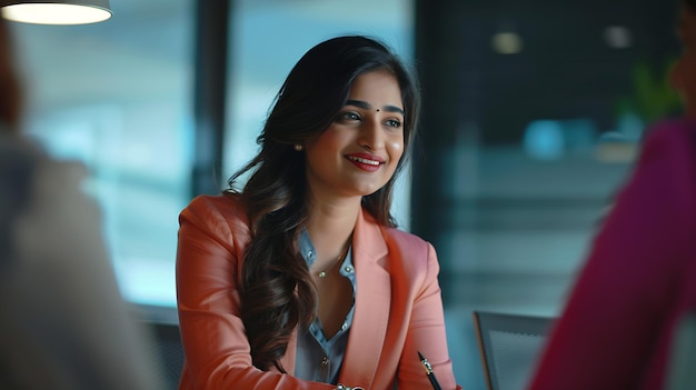 Uśmiechnięta indyjska bizneswoman prowadząca spotkanie korporacyjne z różnorodnymi kolegami trenuje Generative AI