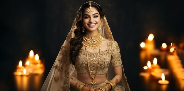 Uśmiechnięta indyjska panna młoda nosząca lahengę i biżuterię indyjska dziewczyna biżuteria i sukienka