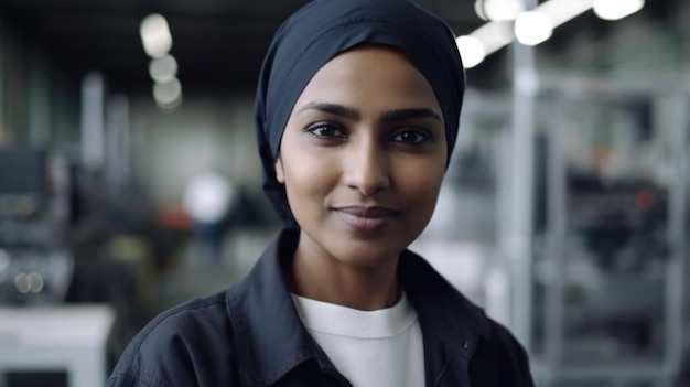 Uśmiechnięta indyjska pracownica fabryki elektroniki stojąca w fabryce