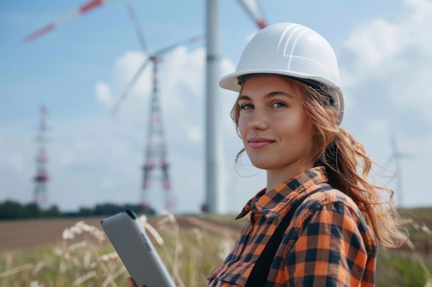 Uśmiechnięta inżynierka z cyfrowym tabletem przy turbinie wiatrowej