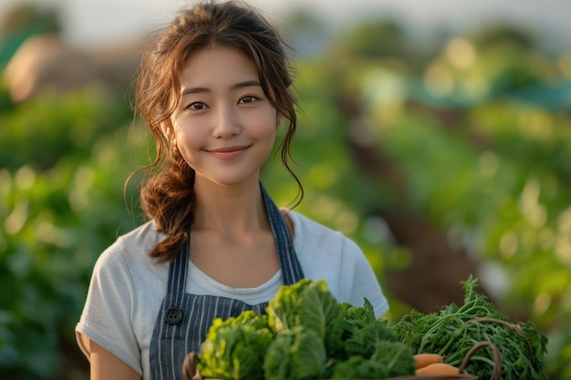 Uśmiechnięta japońska kobieta z koszem warzyw
