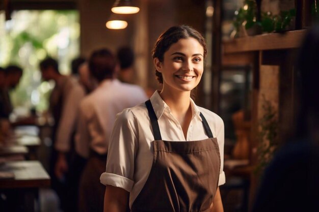 Uśmiechnięta kelnerka przyjmuje zamówienia, rozmawia z klientami, kawiarnia, restauracja, goście, para, przyjazna profesja.
