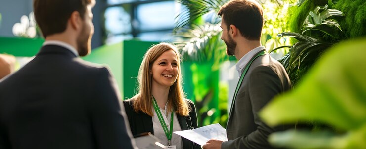 Uśmiechnięta kobieta biznesmena prowadzi profesjonalną rozmowę na spotkaniu korporacyjnym w bujnym środowisku.