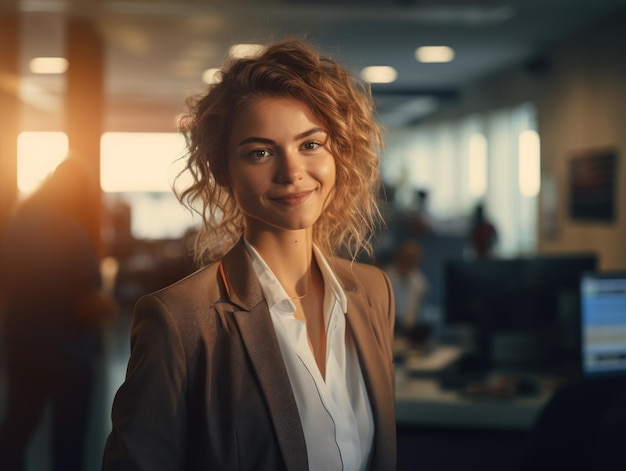 Uśmiechnięta kobieta biznesu pozuje o zachodzie słońca w biurze w stylu złożonym emocjonalnie