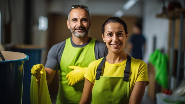 Zdjęcie uśmiechnięta kobieta i mężczyzna w mundurze służby sprzątania z kolegami w tle wskazującymi profesjonalny zespół sprzątający w pracy