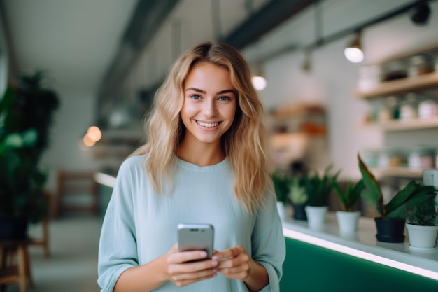 Uśmiechnięta kobieta korzystająca ze smartfona w pomieszczeniu Koncepcja podkreśla łatwość komunikacji cyfrowej