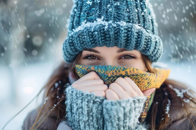 Uśmiechnięta kobieta owinięta w ciepłe zimne ubrania cieszy się opadami śniegu