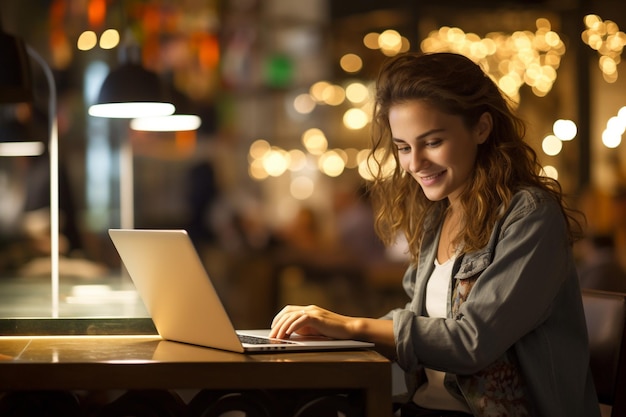 Uśmiechnięta kobieta pracująca na laptopie pracująca z laptopem z generatywną sztuczną inteligencją